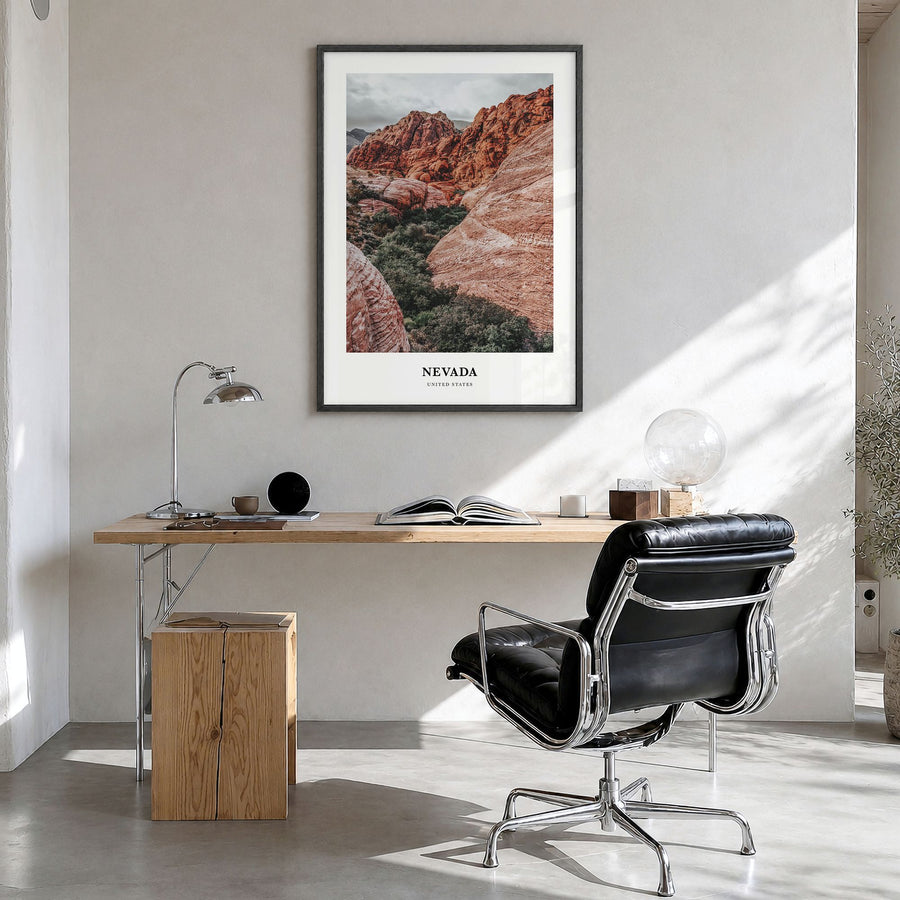 Nevada Classic Poster in a black wood frame, hanging in a bright home office