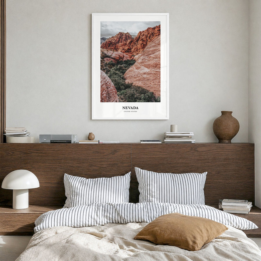Nevada Classic Poster in a white wood frame, hanging in a bedroom
