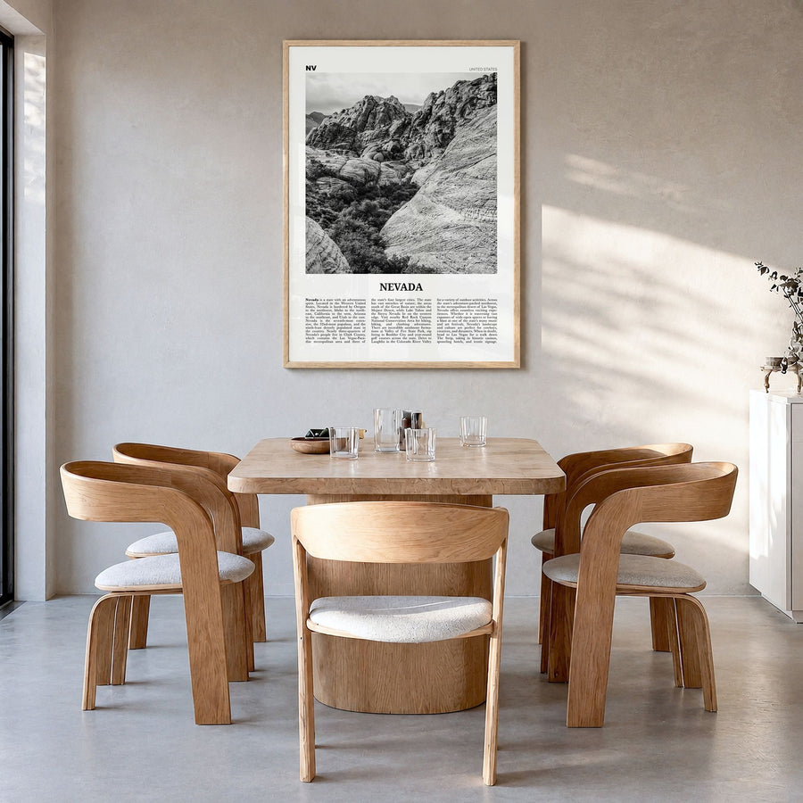 Nevada Newspaper No 2 Poster in a natural wood frame, hanging in a dining room