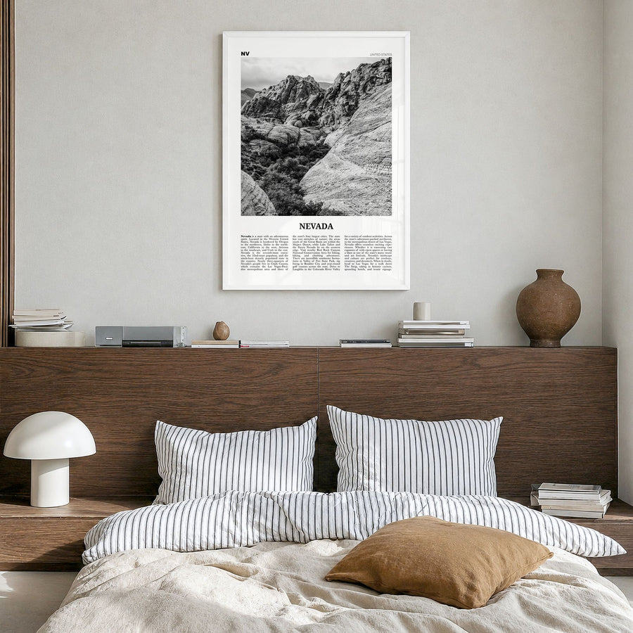 Nevada Newspaper No 2 Poster in a white wood frame, hanging in a bedroom