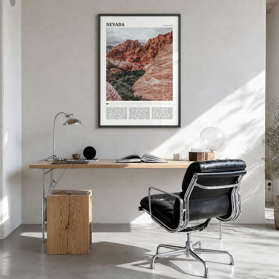 Nevada Travel Poster in a black wood frame, hanging in a bright home office