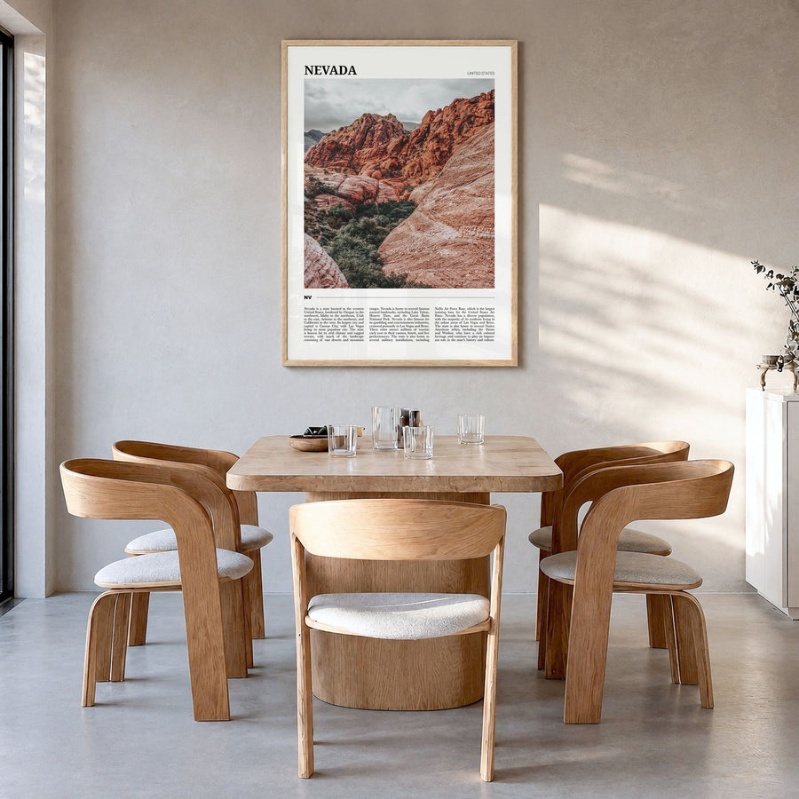 Nevada Travel Poster in a natural wood frame, hanging in a dining room