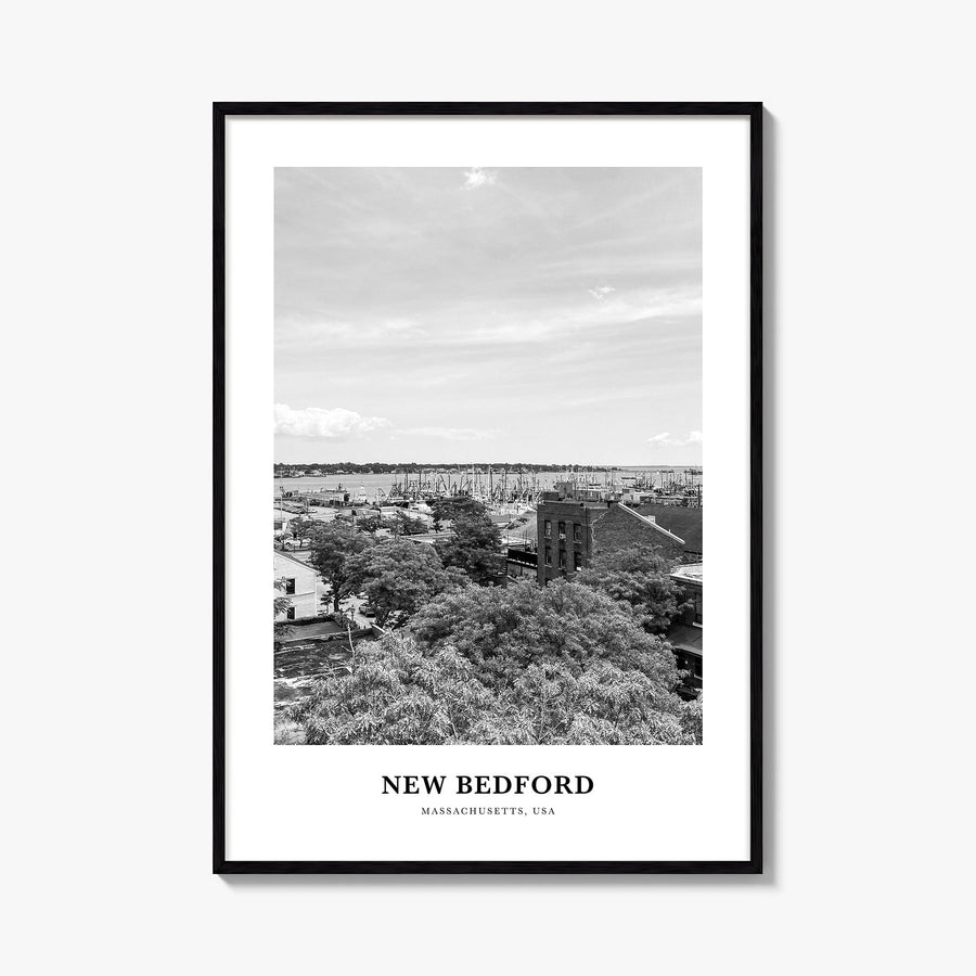 New Bedford black & white classic poster of Massachusetts, USA – vertical wall art, unframed print shown in interior mockup
