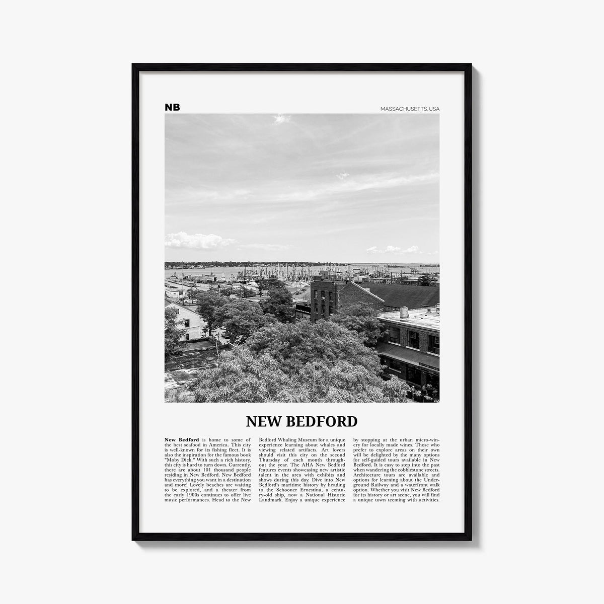 New Bedford black & white newspaper poster of Massachusetts, USA – vertical wall art, unframed print shown in interior mockup