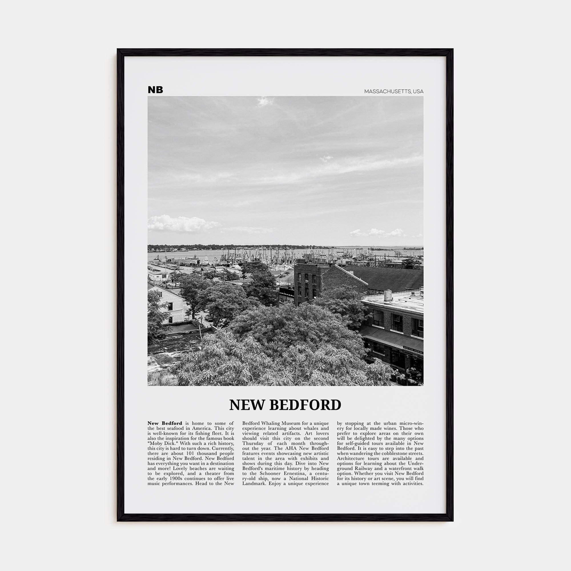 New Bedford Poster Black Wood / 8x12 in Nbourhood Travel B&W Poster