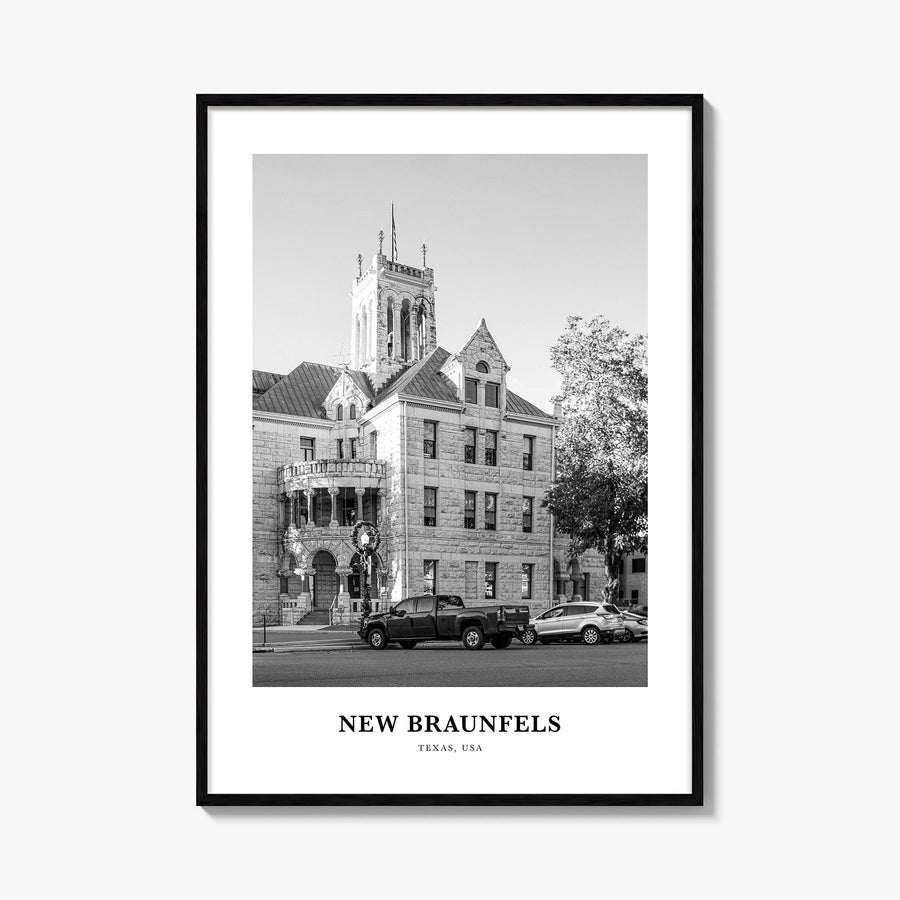 New Braunfels black & white classic poster of Texas, USA – vertical wall art, unframed print shown in interior mockup