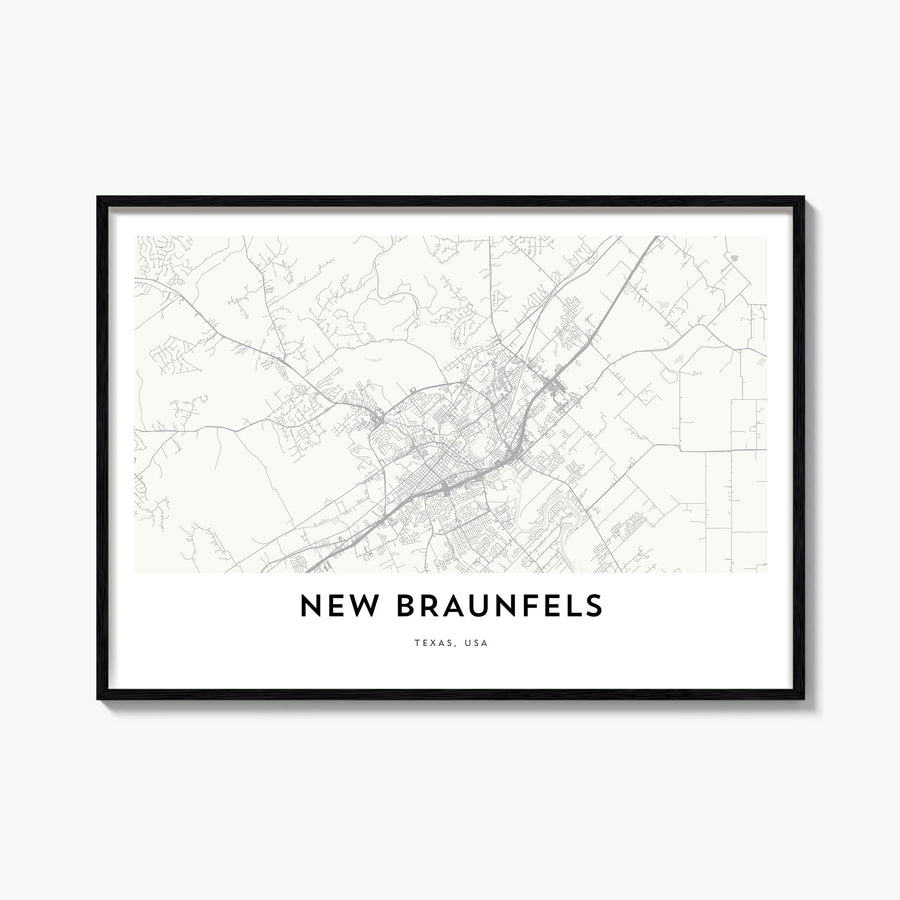 New Braunfels black & white map poster of Texas, USA – horizontal wall art, unframed print shown in interior mockup