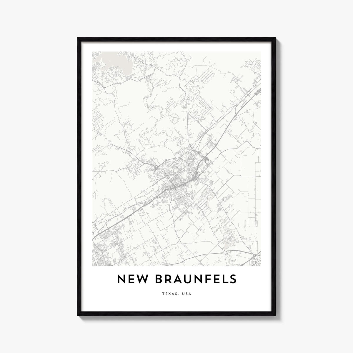New Braunfels black & white map poster of Texas, USA – vertical wall art, unframed print shown in interior mockup