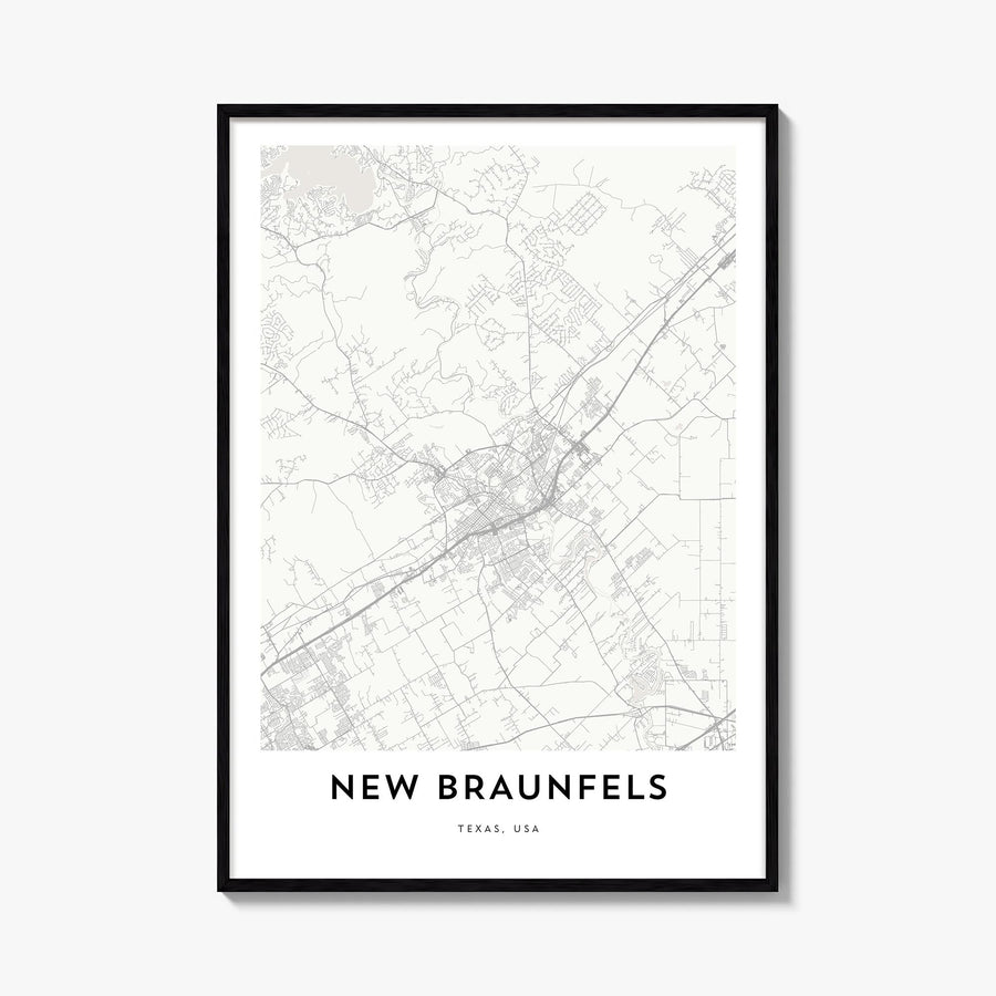 New Braunfels black & white map poster of Texas, USA – vertical wall art, unframed print shown in interior mockup
