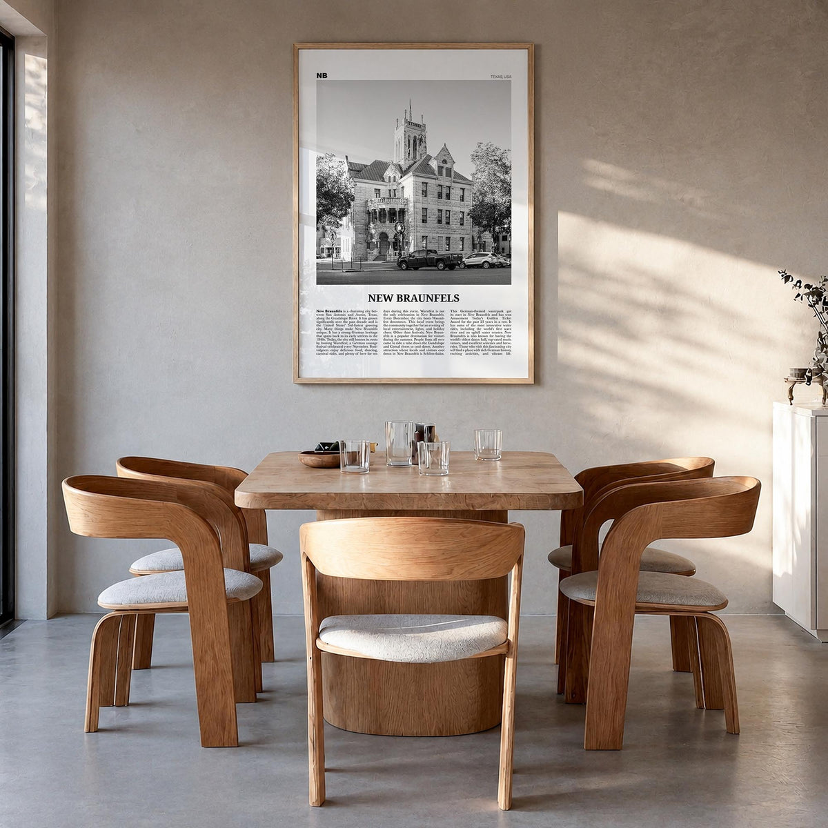 New Braunfels black & white newspaper poster of Texas, USA – vertical wall art in natural wood frame, hanging on wall