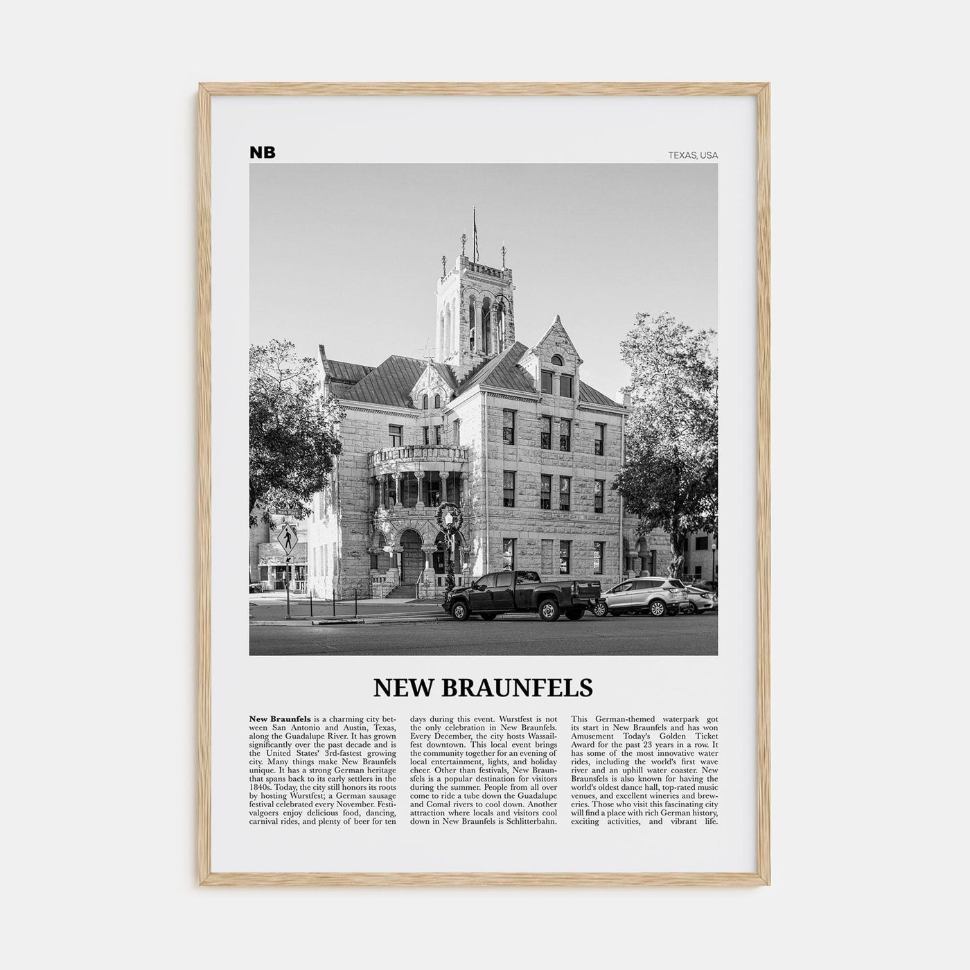 New Braunfels Poster Natural Wood / 8x12 in Nbourhood Travel B&W Poster