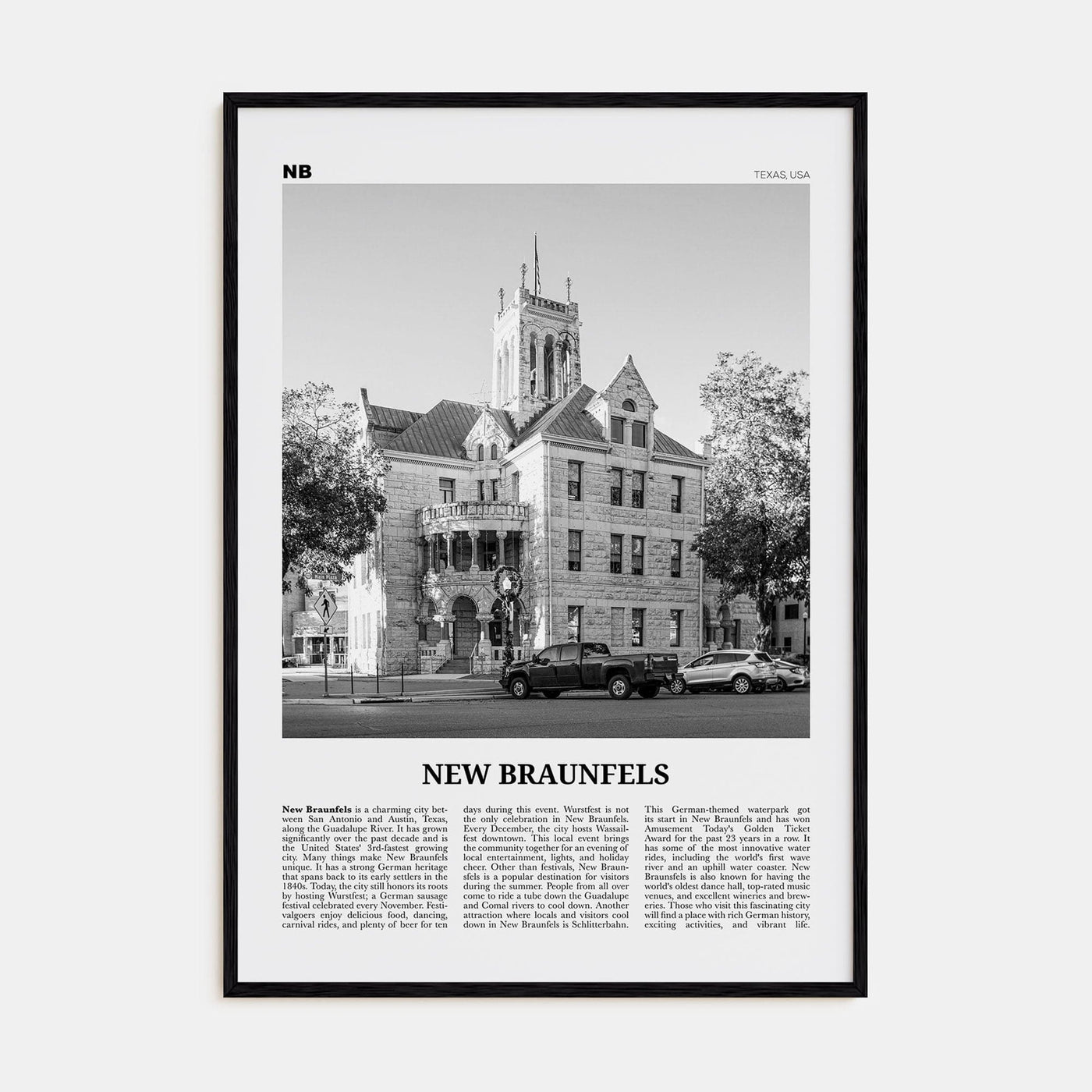 New Braunfels Poster Black Wood / 8x12 in Nbourhood Travel B&W Poster