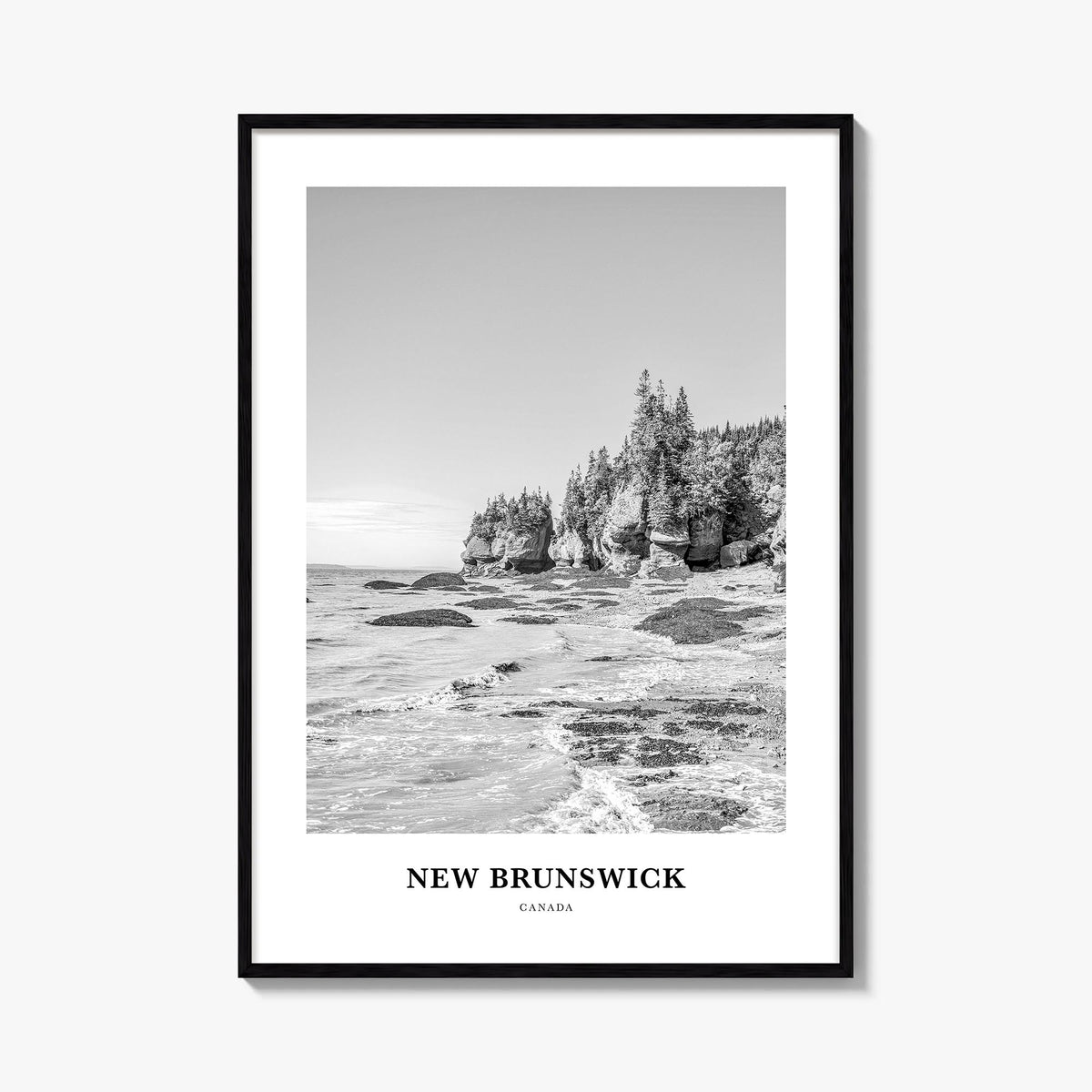 New Brunswick black & white classic poster of Canada – vertical wall art, unframed print shown in interior mockup