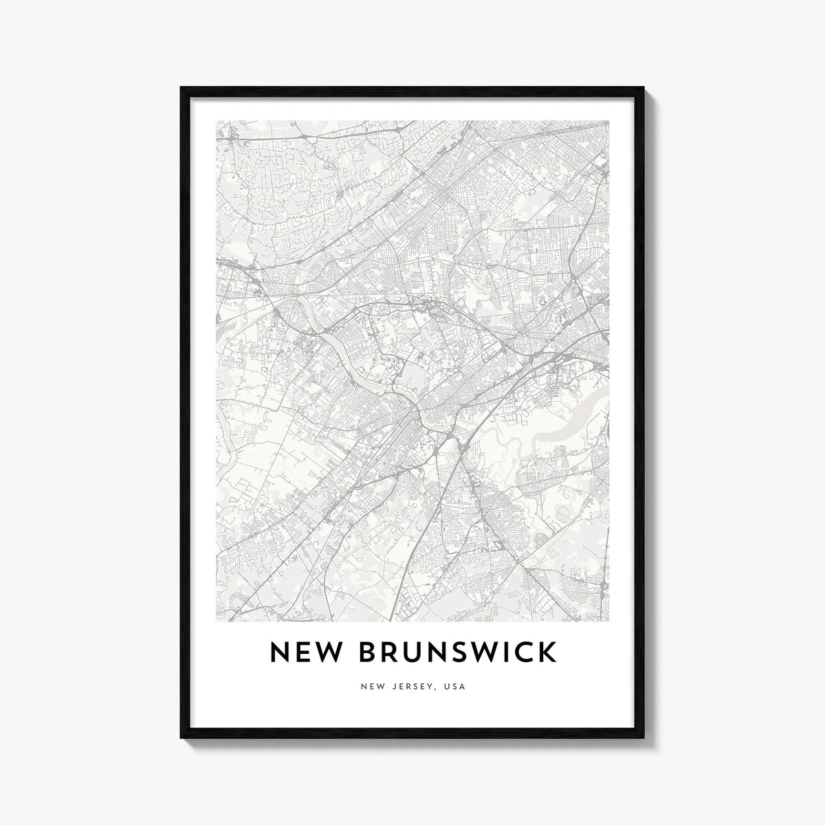 New Brunswick black & white map poster of Canada – vertical wall art, unframed print shown in interior mockup
