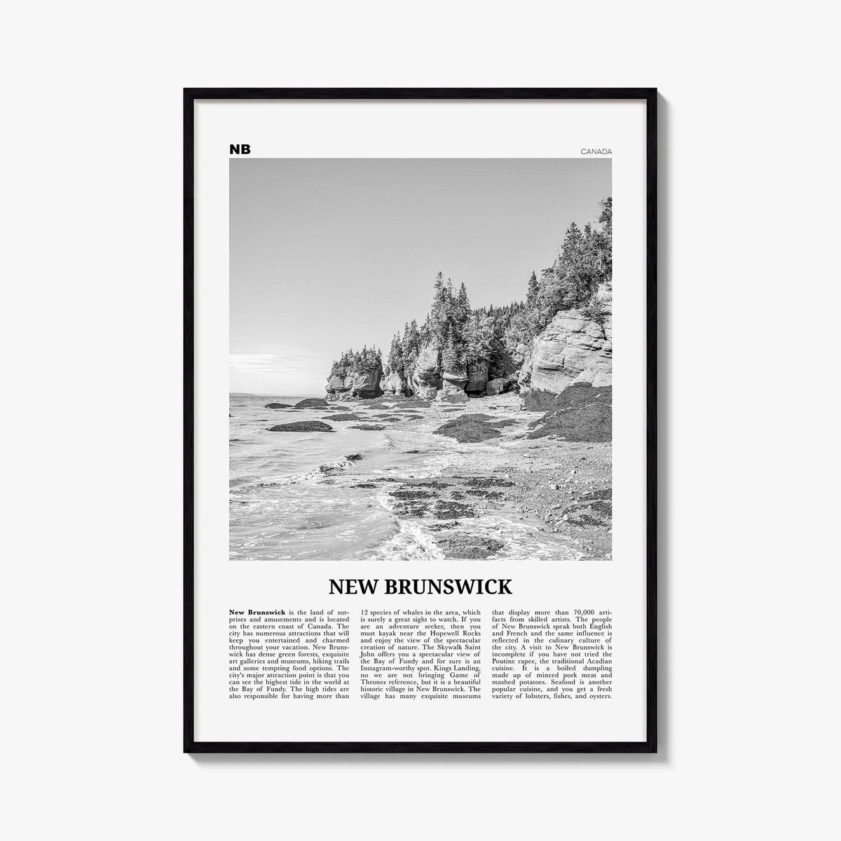 New Brunswick black & white newspaper poster of Canada – vertical wall art, unframed print shown in interior mockup