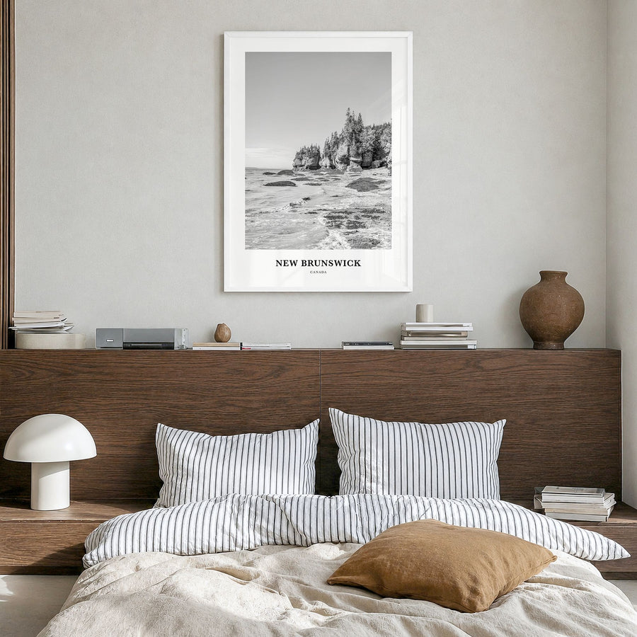 New Brunswick Classic Poster in a white wood frame, hanging in a bedroom