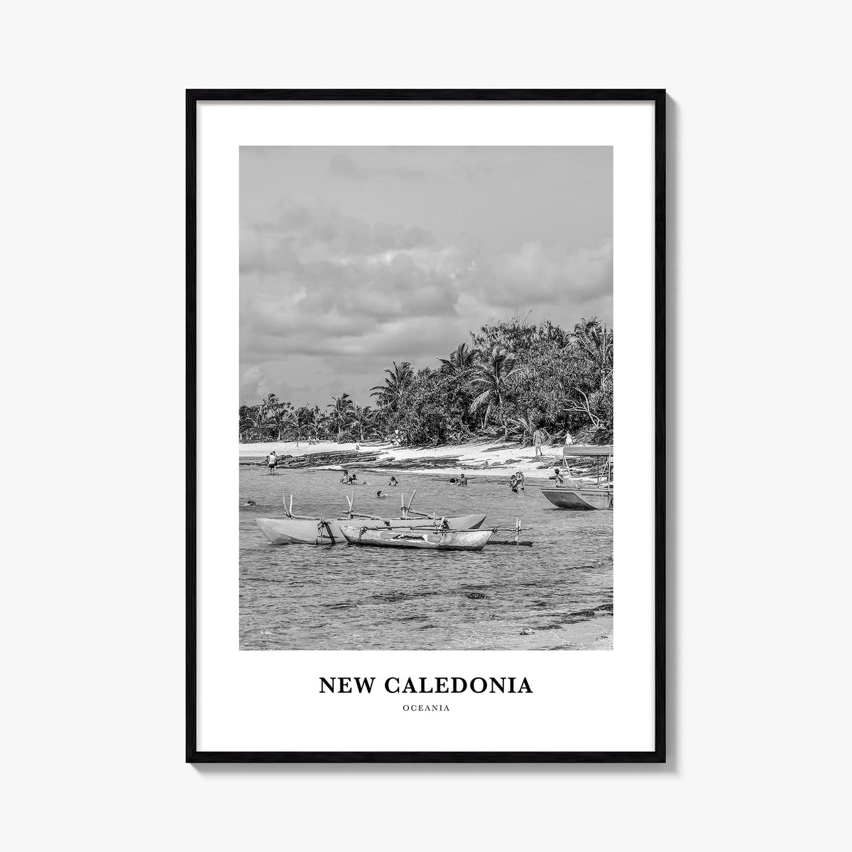 New Caledonia black & white classic poster of Oceania – vertical wall art, unframed print shown in interior mockup