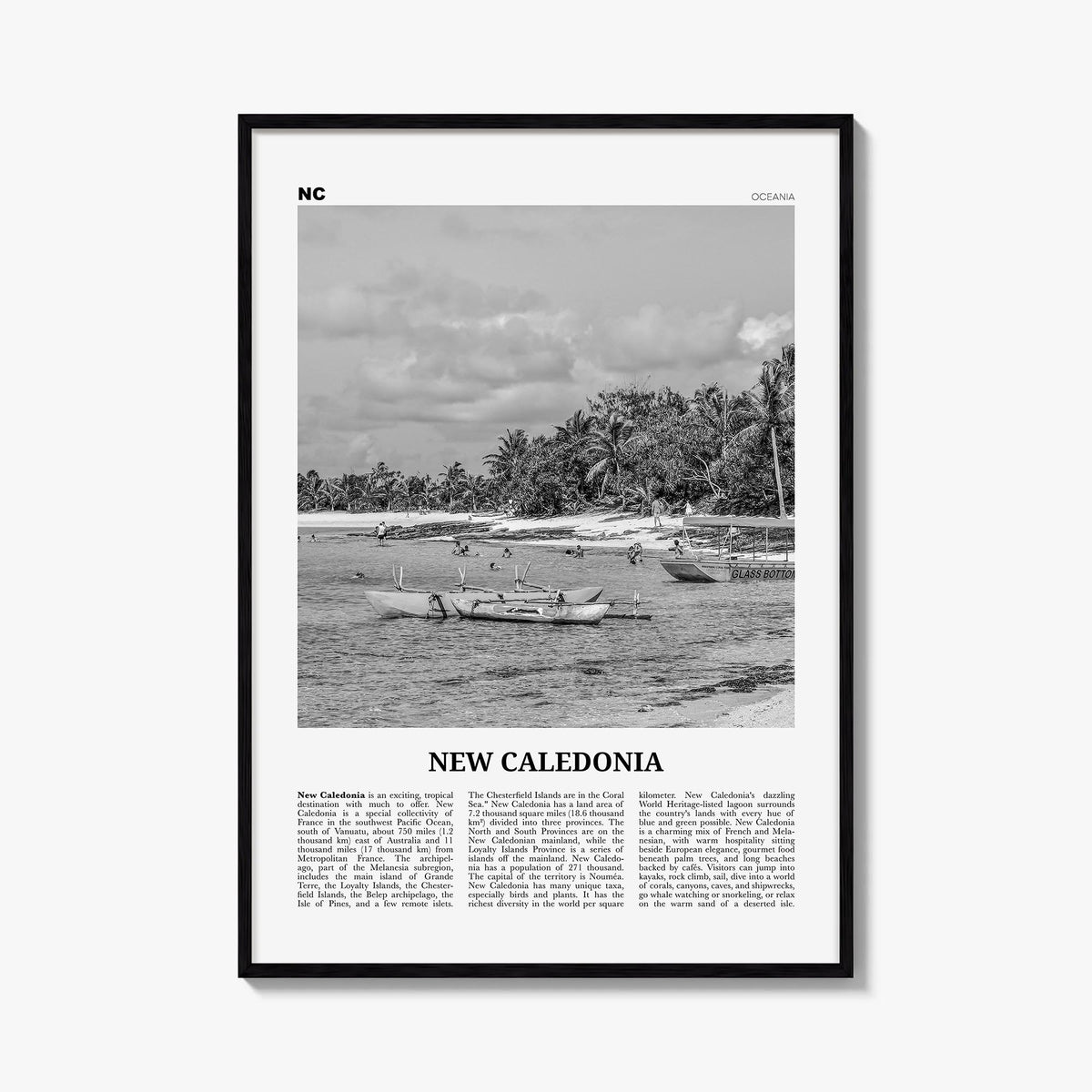 New Caledonia black & white newspaper poster of Oceania – vertical wall art, unframed print shown in interior mockup