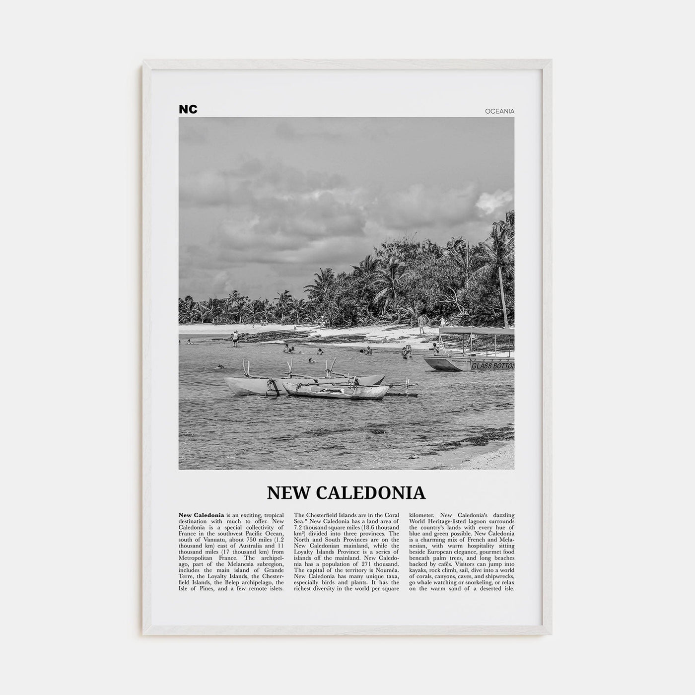 New Caledonia Poster White Wood / 8x12 in Nbourhood Travel B&W Poster