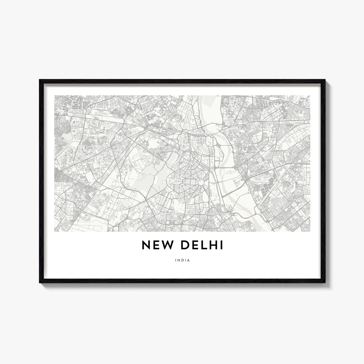 New Delhi black & white map poster of India – horizontal wall art, unframed print shown in interior mockup