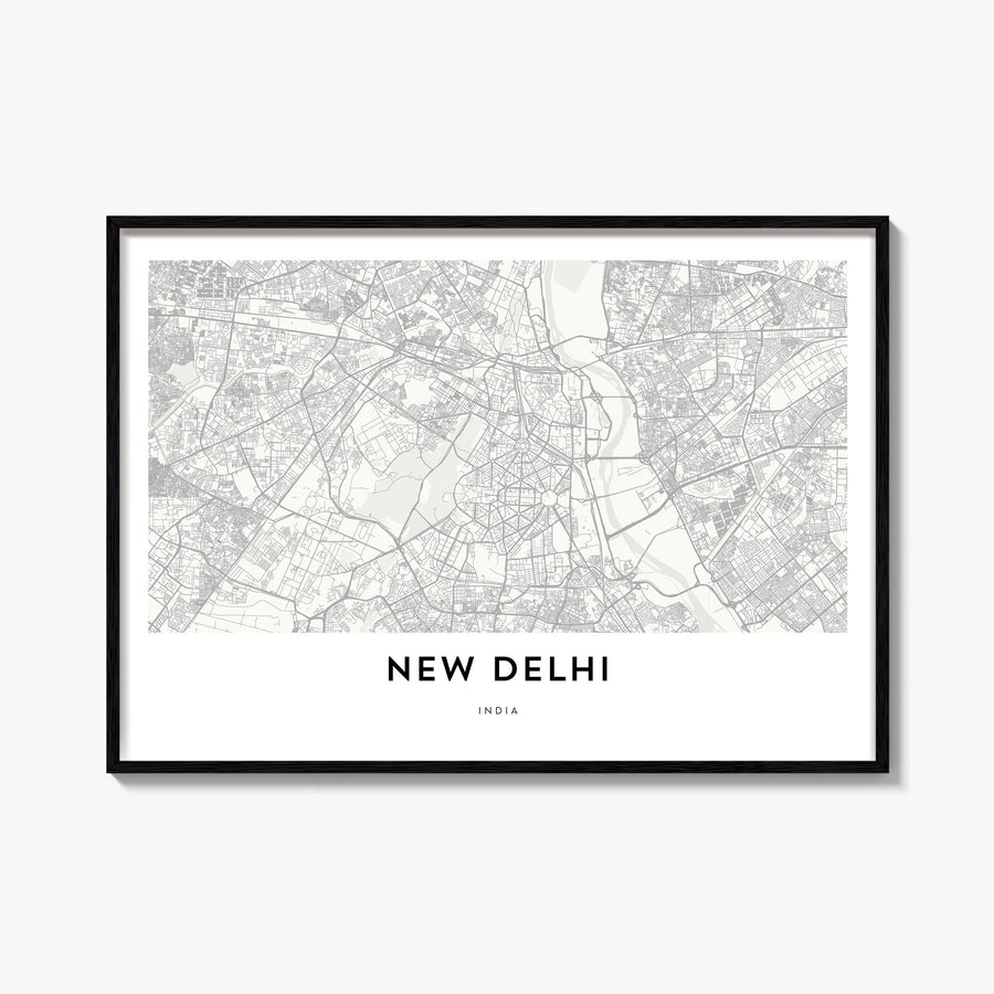New Delhi black & white map poster of India – horizontal wall art, unframed print shown in interior mockup