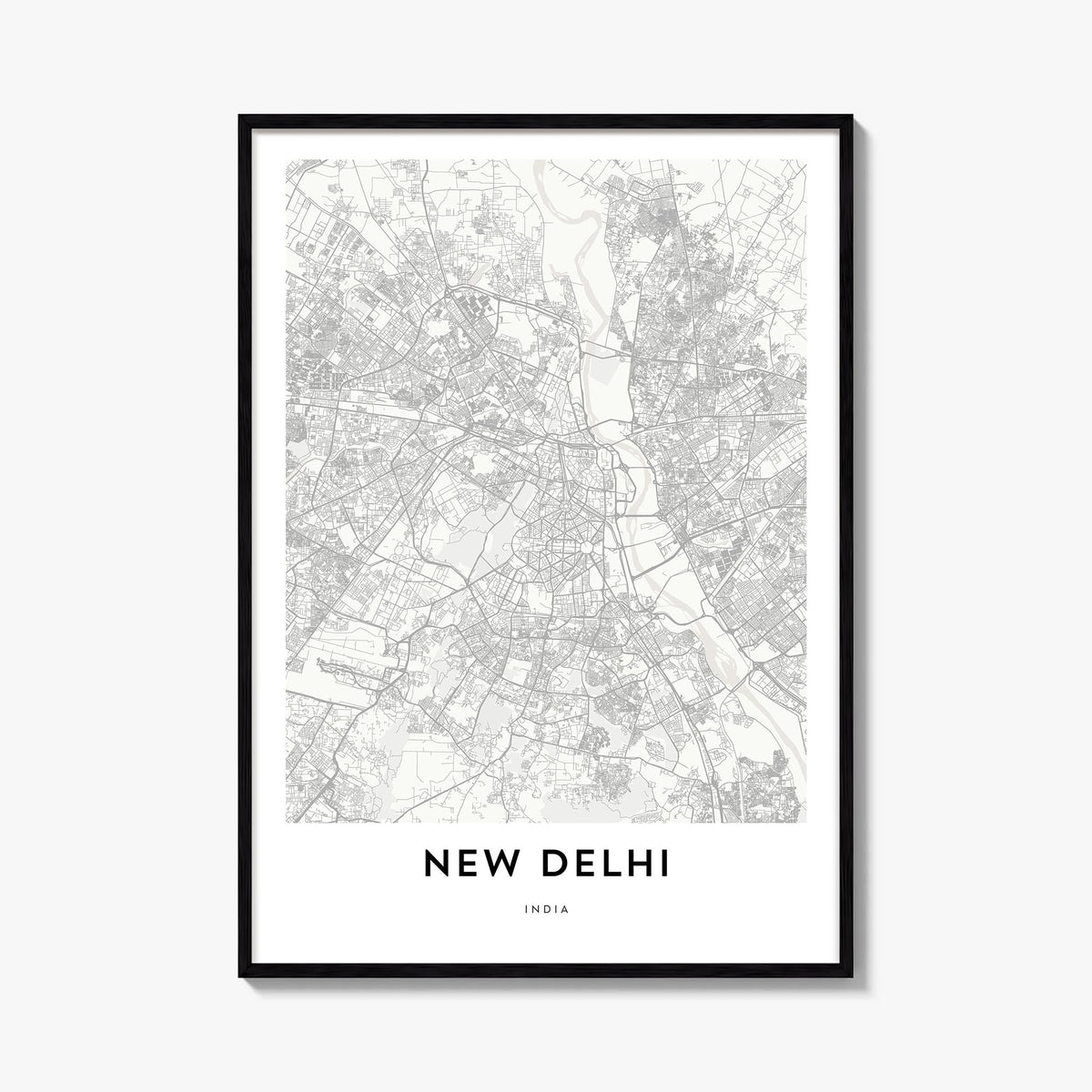 New Delhi black & white map poster of India – vertical wall art, unframed print shown in interior mockup