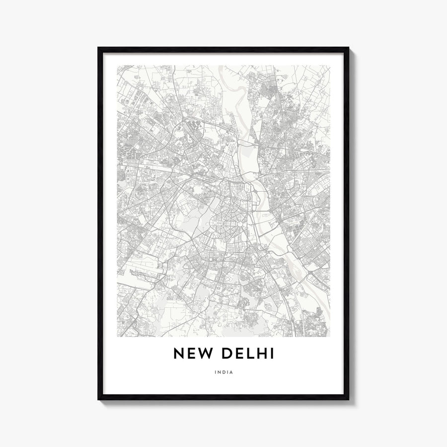 New Delhi black & white map poster of India – vertical wall art, unframed print shown in interior mockup