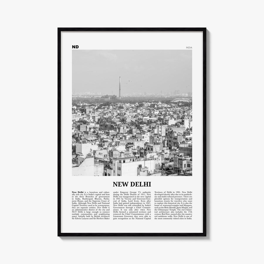 New Delhi black & white newspaper poster of India – vertical wall art, unframed print shown in interior mockup