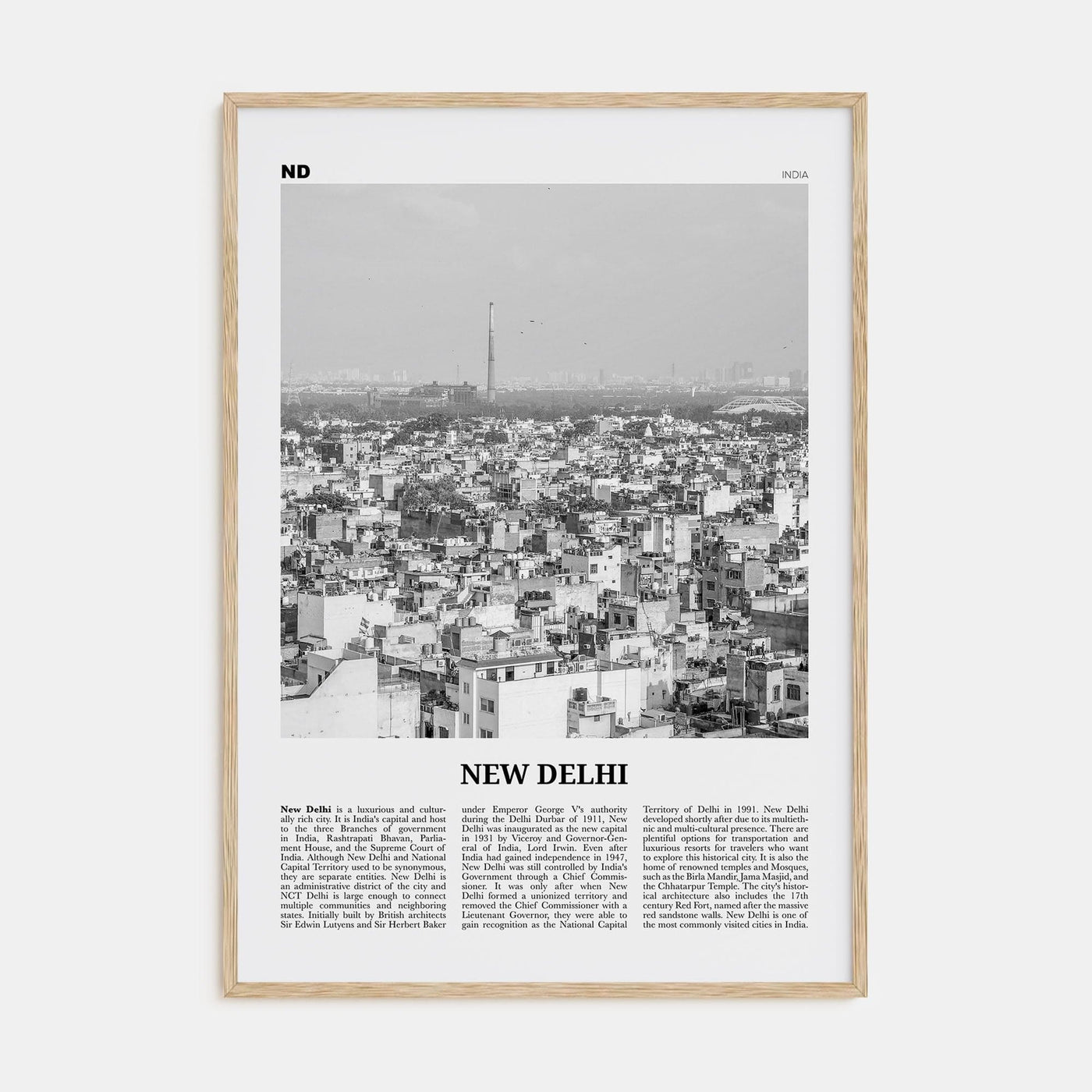 New Delhi Poster Natural Wood / 8x12 in Nbourhood Travel B&W Poster