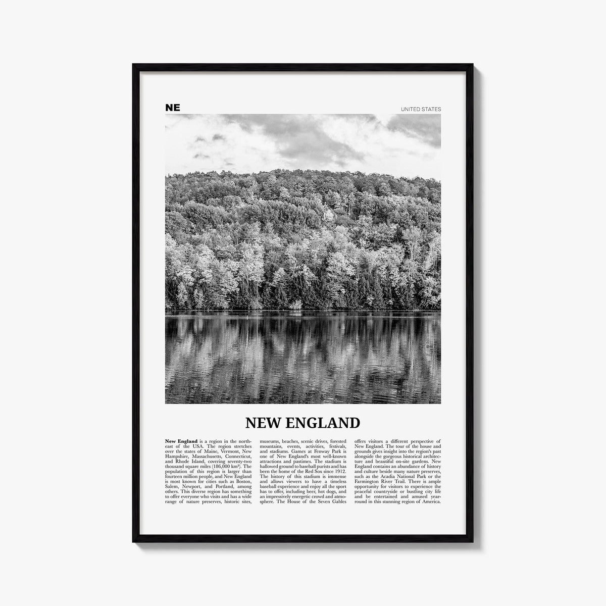 New England black & white newspaper poster of United States – vertical wall art, unframed print shown in interior mockup