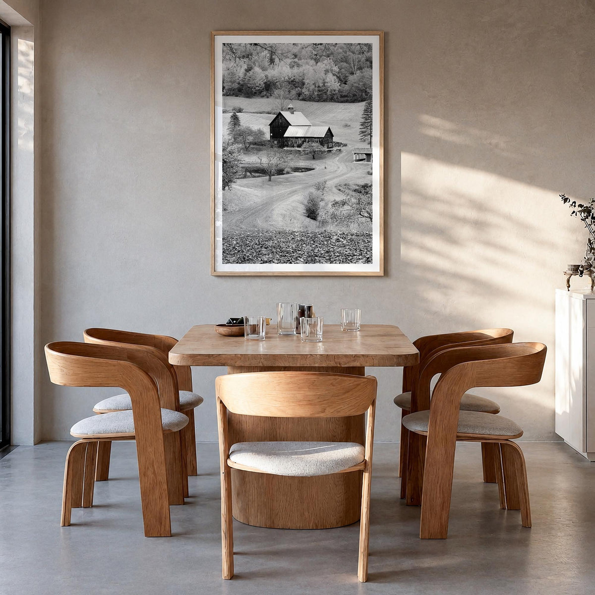 New England black & white photo poster of United States – vertical wall art in natural wood frame with white border, hanging 