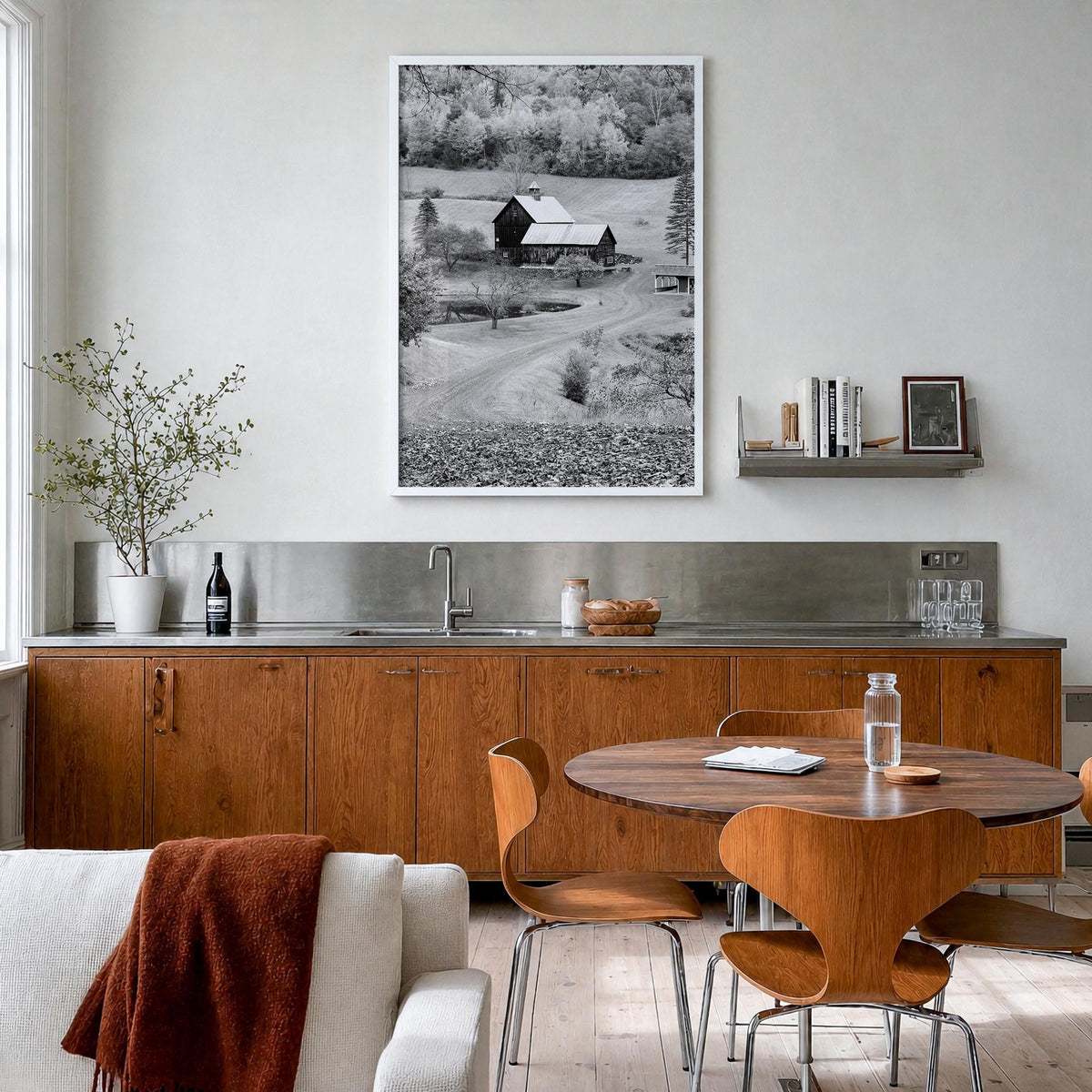 New England black & white photo poster of United States – vertical wall art in white wood frame, hanging on wall