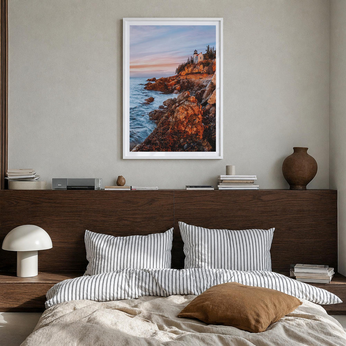 New England colorful photo poster of United States – vertical wall art in white wood frame with white border, hanging on wall