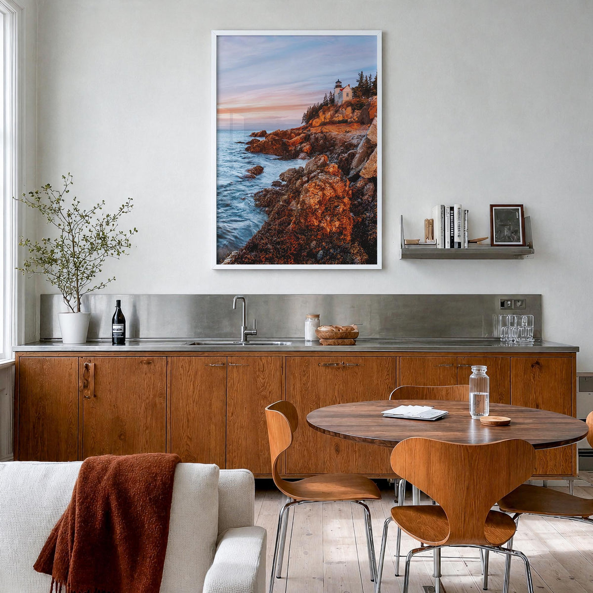 New England colorful photo poster of United States – vertical wall art in white wood frame, hanging on wall
