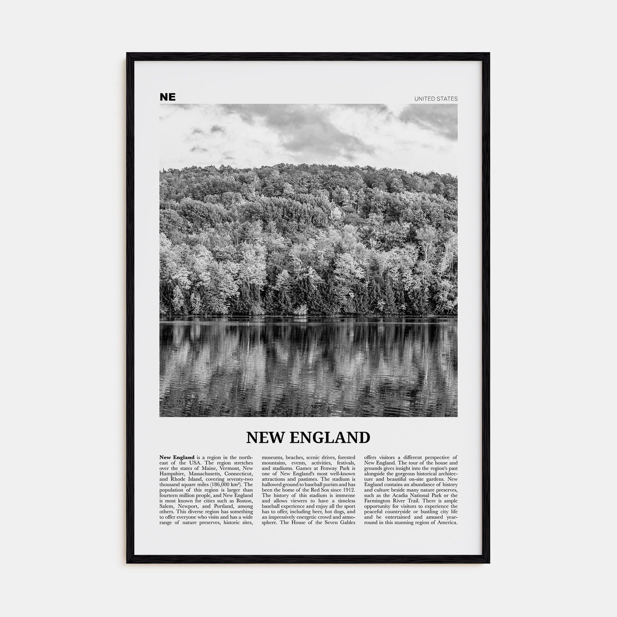 New England Poster Black Wood / 8x12 in Nbourhood Travel B&W Poster