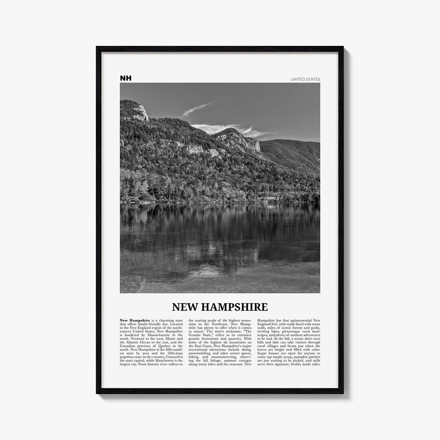 New Hampshire no. 1 black & white newspaper poster of United States – vertical wall art, unframed print shown in interior moc