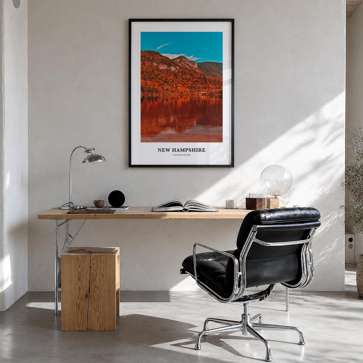 New Hampshire no. 1 colorful classic poster of United States – vertical wall art in black wood frame, hanging on wall