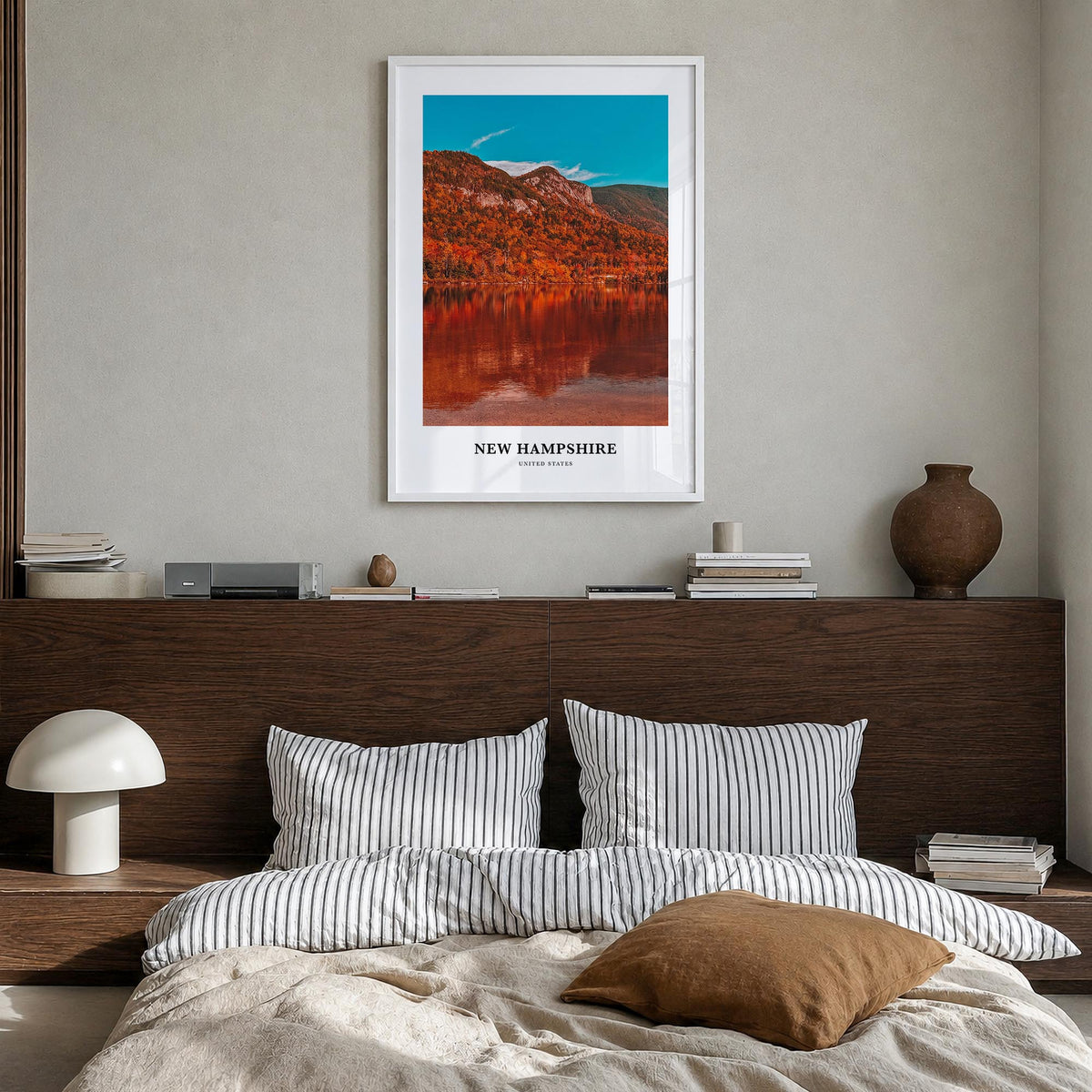 New Hampshire no. 1 colorful classic poster of United States – vertical wall art in white wood frame, hanging on wall