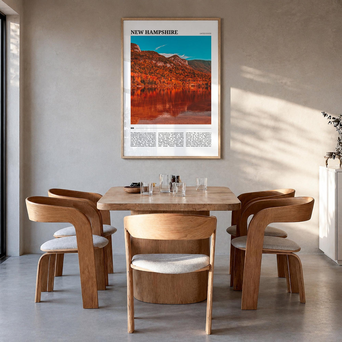 New Hampshire no. 1 colorful travel poster of United States – vertical wall art in natural wood frame, hanging on wall