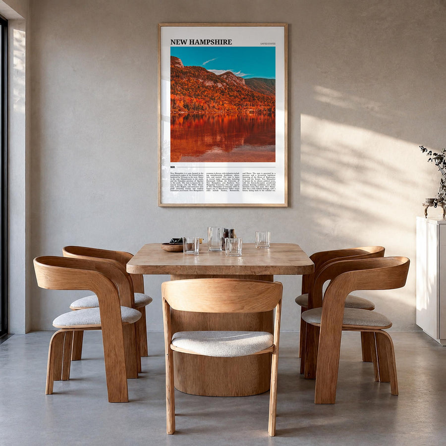 New Hampshire no. 1 colorful travel poster of United States – vertical wall art in natural wood frame, hanging on wall