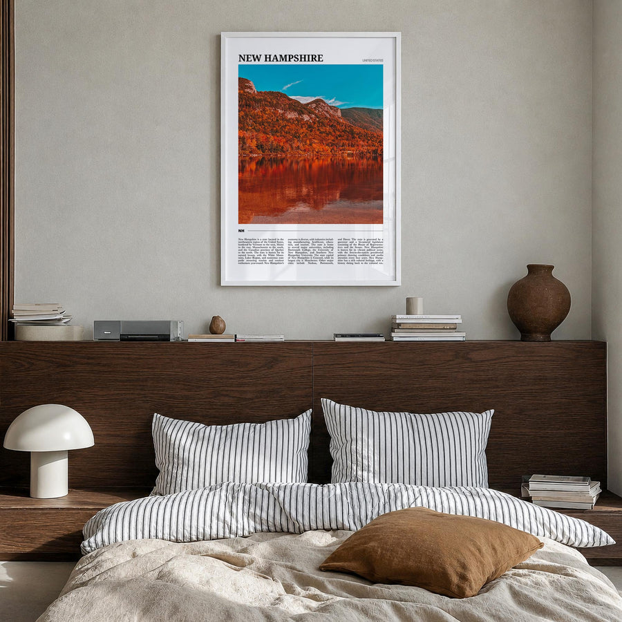 New Hampshire no. 1 colorful travel poster of United States – vertical wall art in white wood frame, hanging on wall