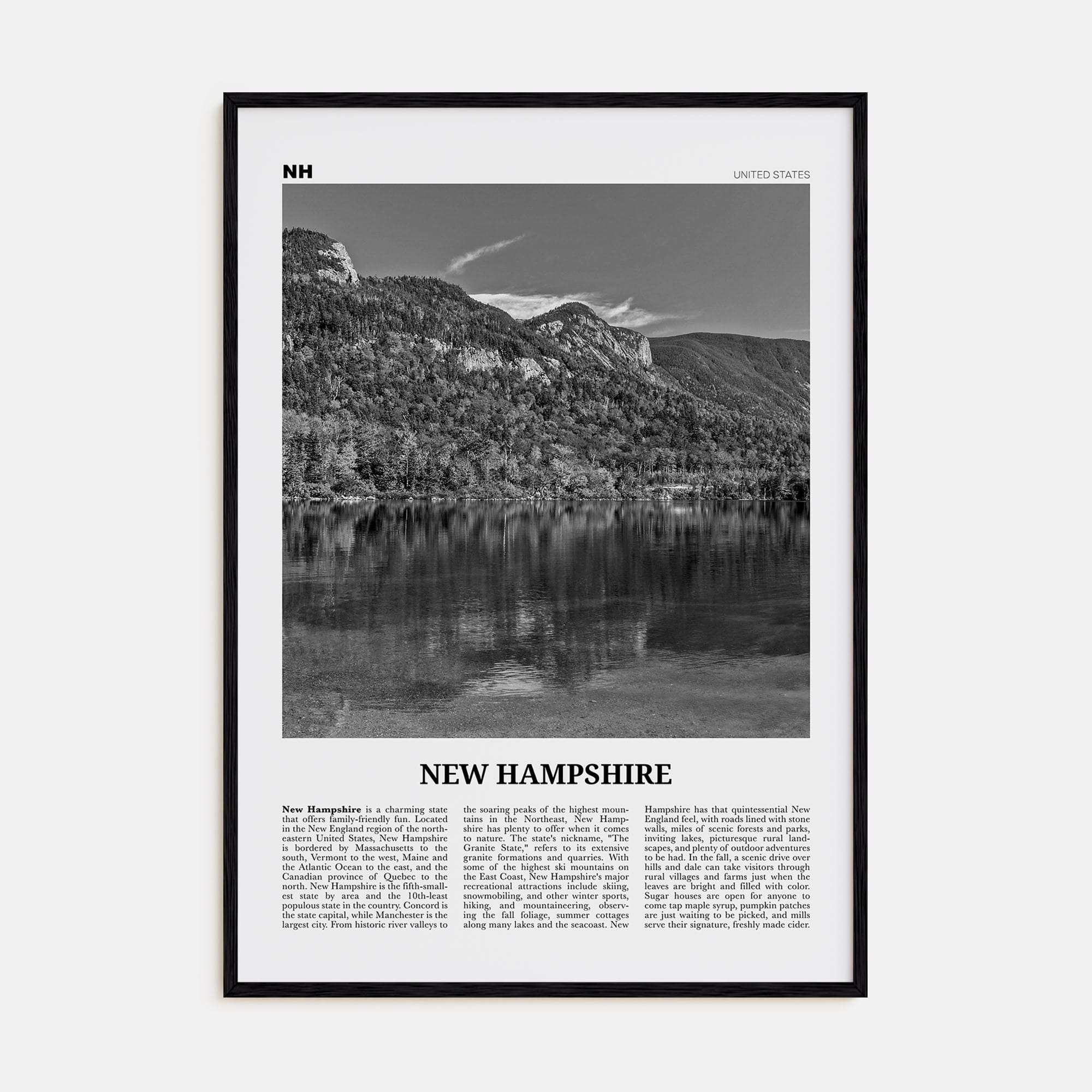 New Hampshire No 1 Poster Black Wood / 8x12 in Nbourhood Travel B&W Poster