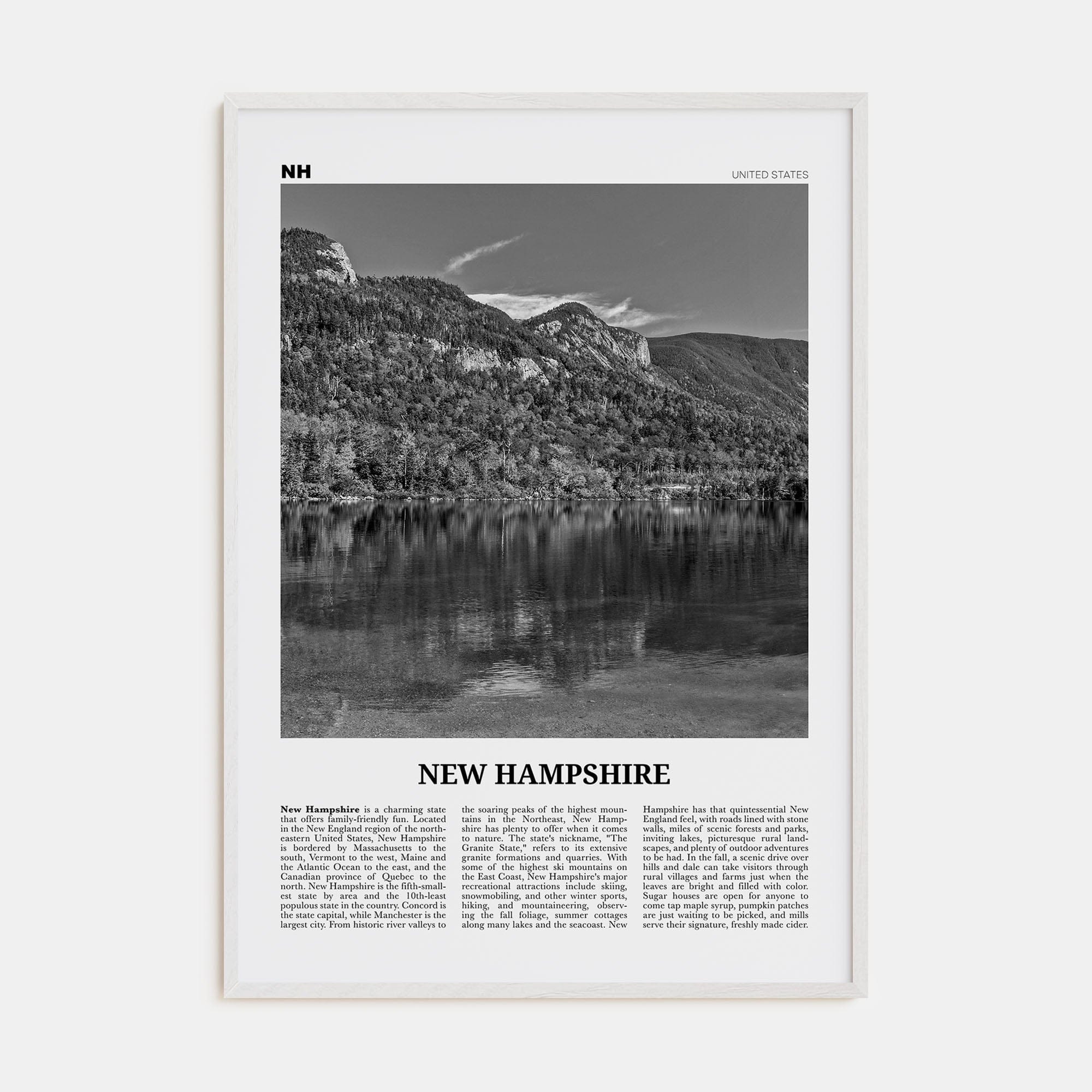 New Hampshire No 1 Poster White Wood / 8x12 in Nbourhood Travel B&W Poster