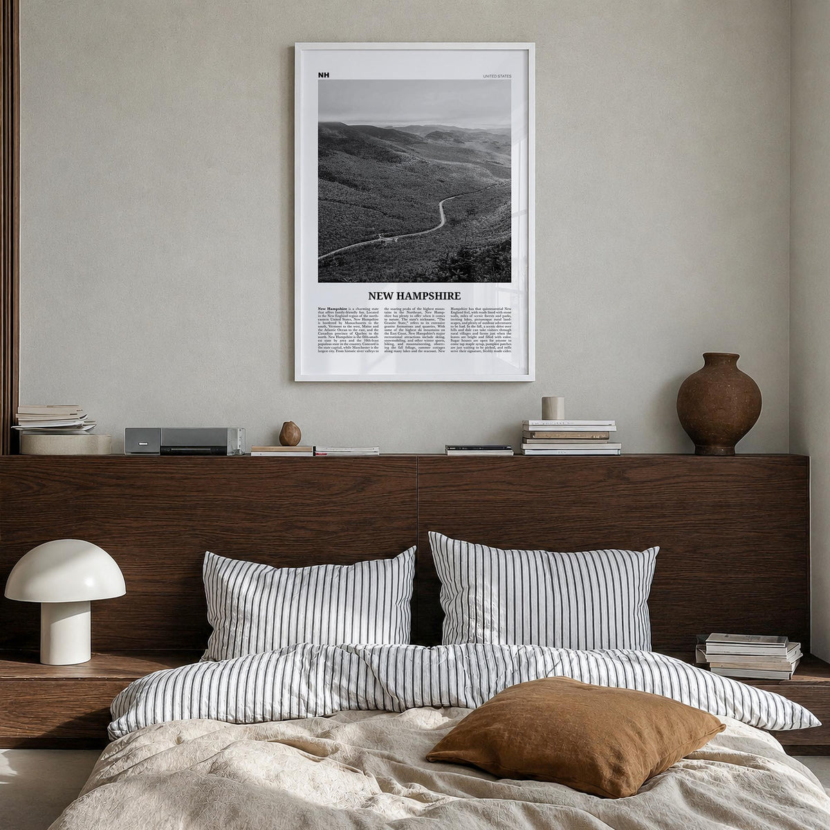 New Hampshire no. 2 black & white newspaper poster of United States – vertical wall art in white wood frame, hanging on wall