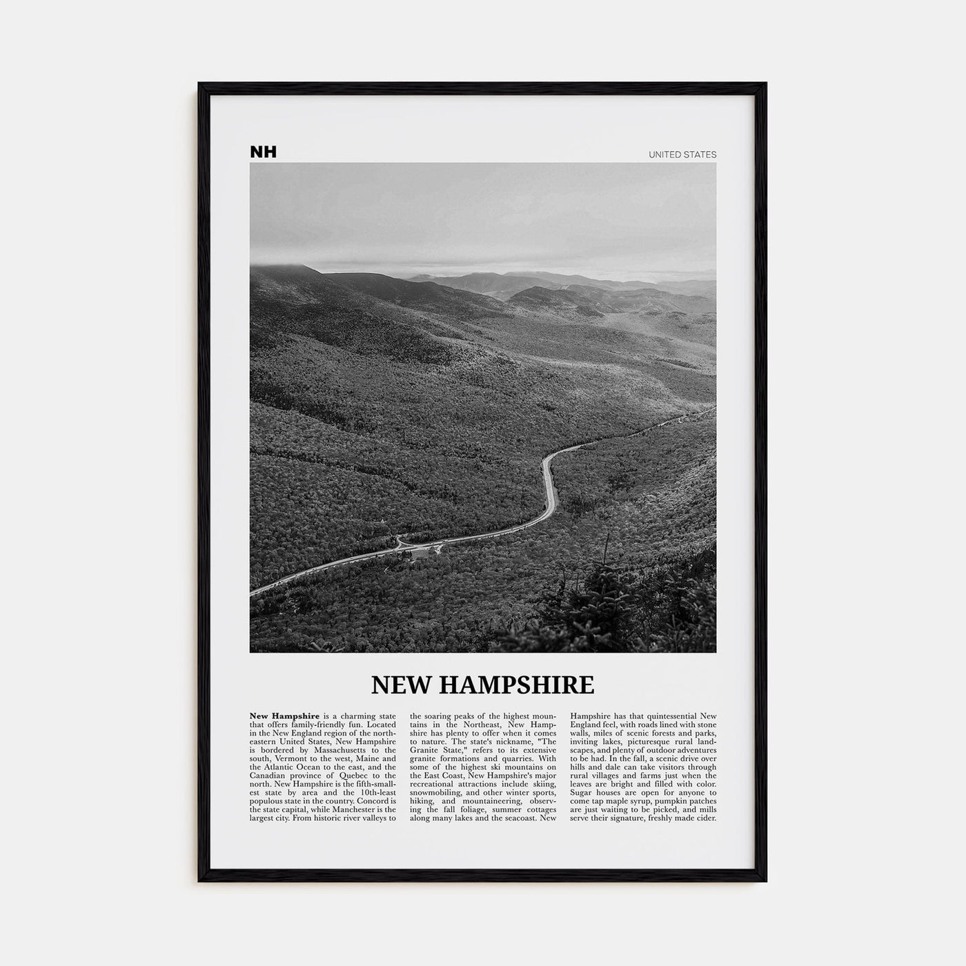 New Hampshire No 2 Poster Black Wood / 8x12 in Nbourhood Travel B&W Poster