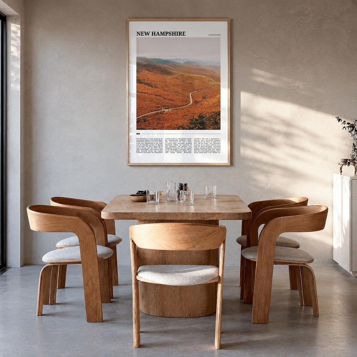 New Hampshire no. 3 colorful travel poster of United States – vertical wall art in natural wood frame, hanging on wall