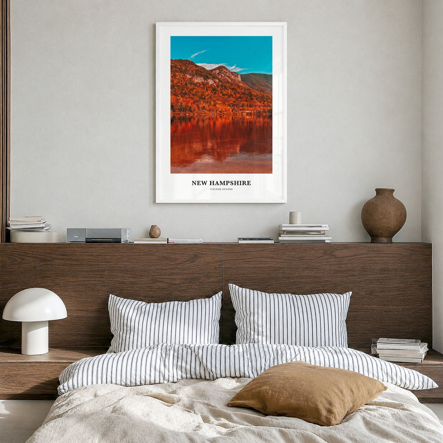 New Hampshire Classic No 1 Poster in a white wood frame, hanging in a bedroom