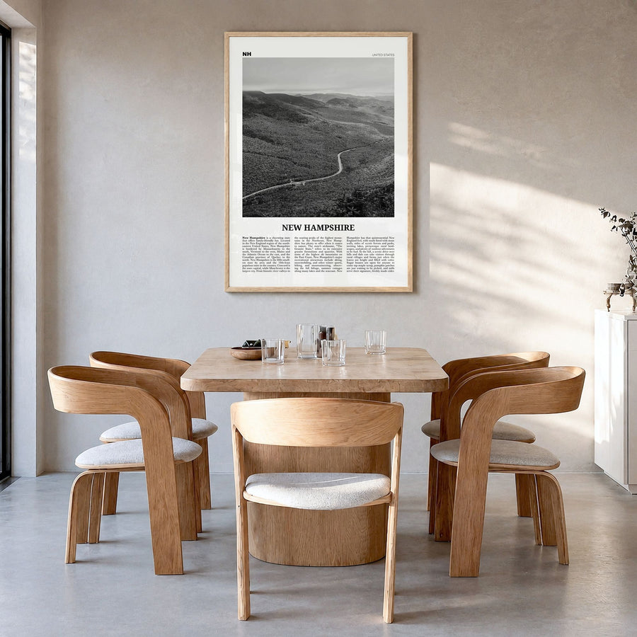 New Hampshire Newspaper No 2 Poster in a natural wood frame, hanging in a dining room