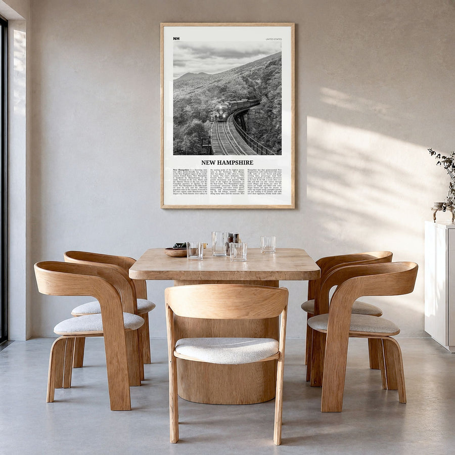 New Hampshire Newspaper No 3 Poster in a natural wood frame, hanging in a dining room