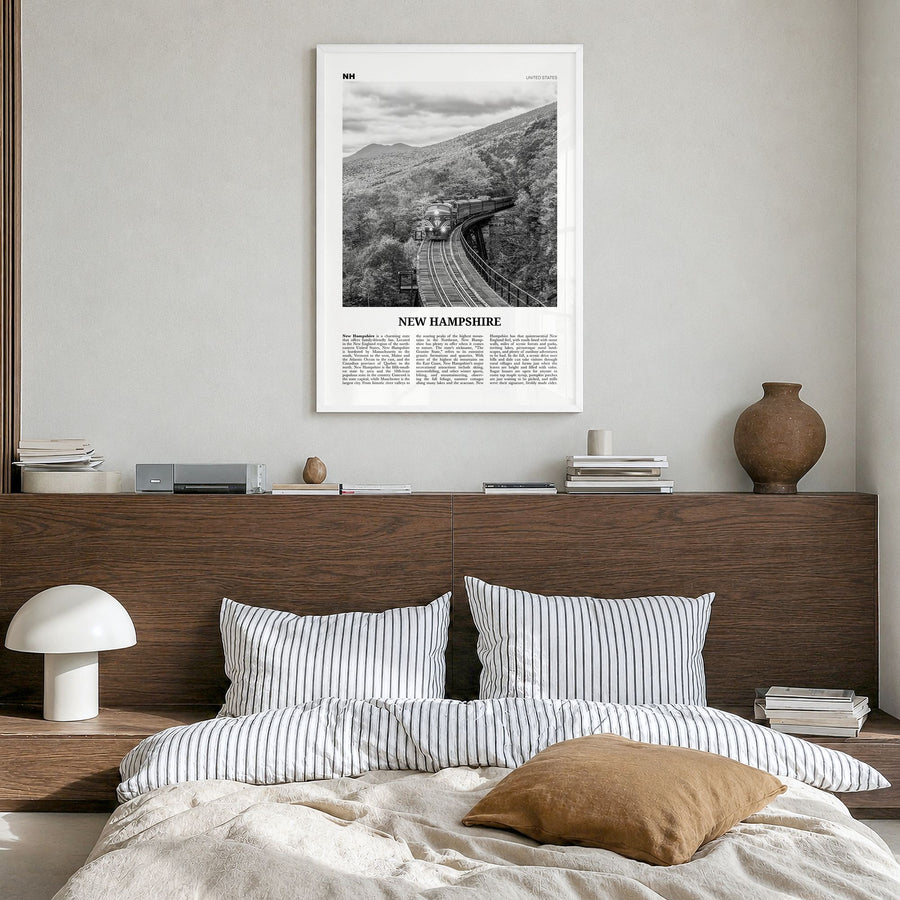 New Hampshire Newspaper No 3 Poster in a white wood frame, hanging in a bedroom